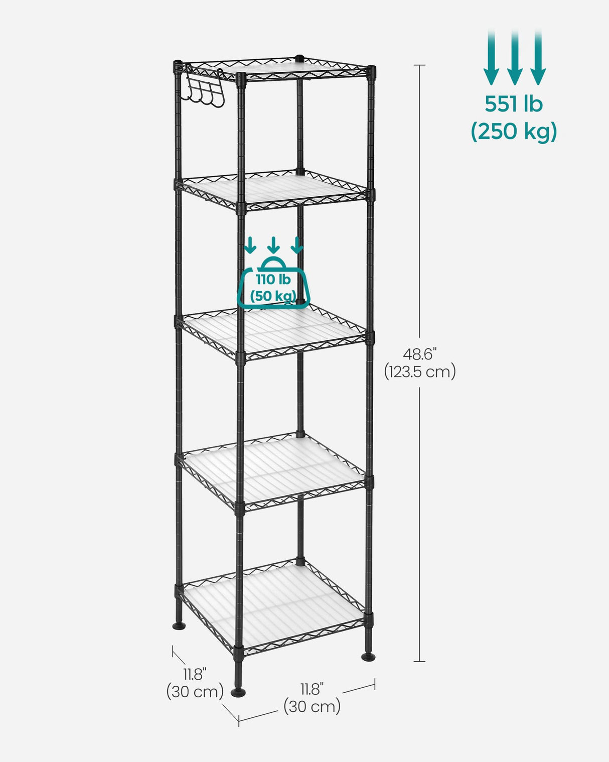 SONGMICS 5-Tier Bathroom Shelf, Storage Rack for Small Space, with 5 PP Shelf Liners, Removable Hook, Extendable Design, Ink Black and Translucent ULGR23BK SONGMICS