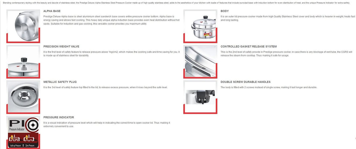 Prestige Deluxe Alpha Stainless Steel Pressure Cooker, 2 Liters/2.11 Quarts Prestige