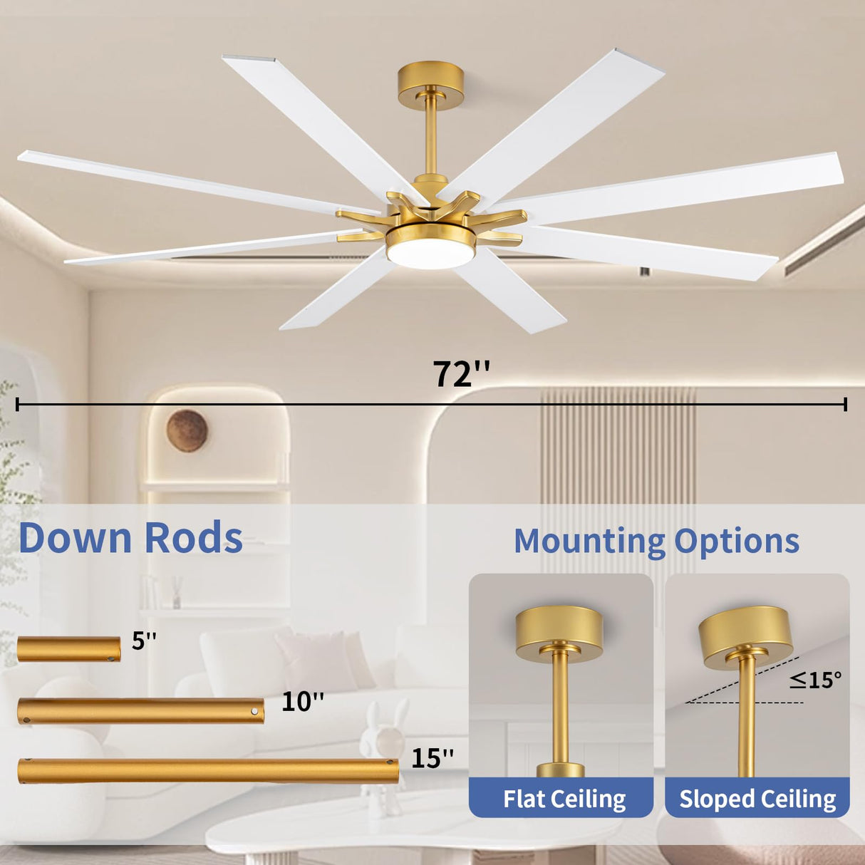 LANMEL 72'' Ceiling Fan with Lights and Remote, Low Profile Modern Ceiling Fan Gold, 6 Speed, Reversible, 3000k-6000k Dimmable LED, Quiet DC Motor for Indoor Outdoor Bedroom Living Room LANMEL