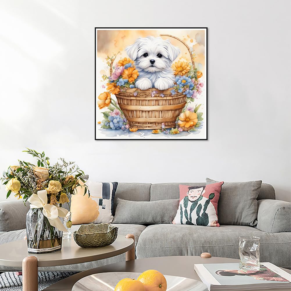 WSLWXSHM Diamond Painting Kits for Adults, Dog Round Full Drill Diamond Art Kits, 5D DIY Paint with Diamonds Crafts for Home Wall Decoration Gifts 12×12Inch Flower Basket WSLWXSHM