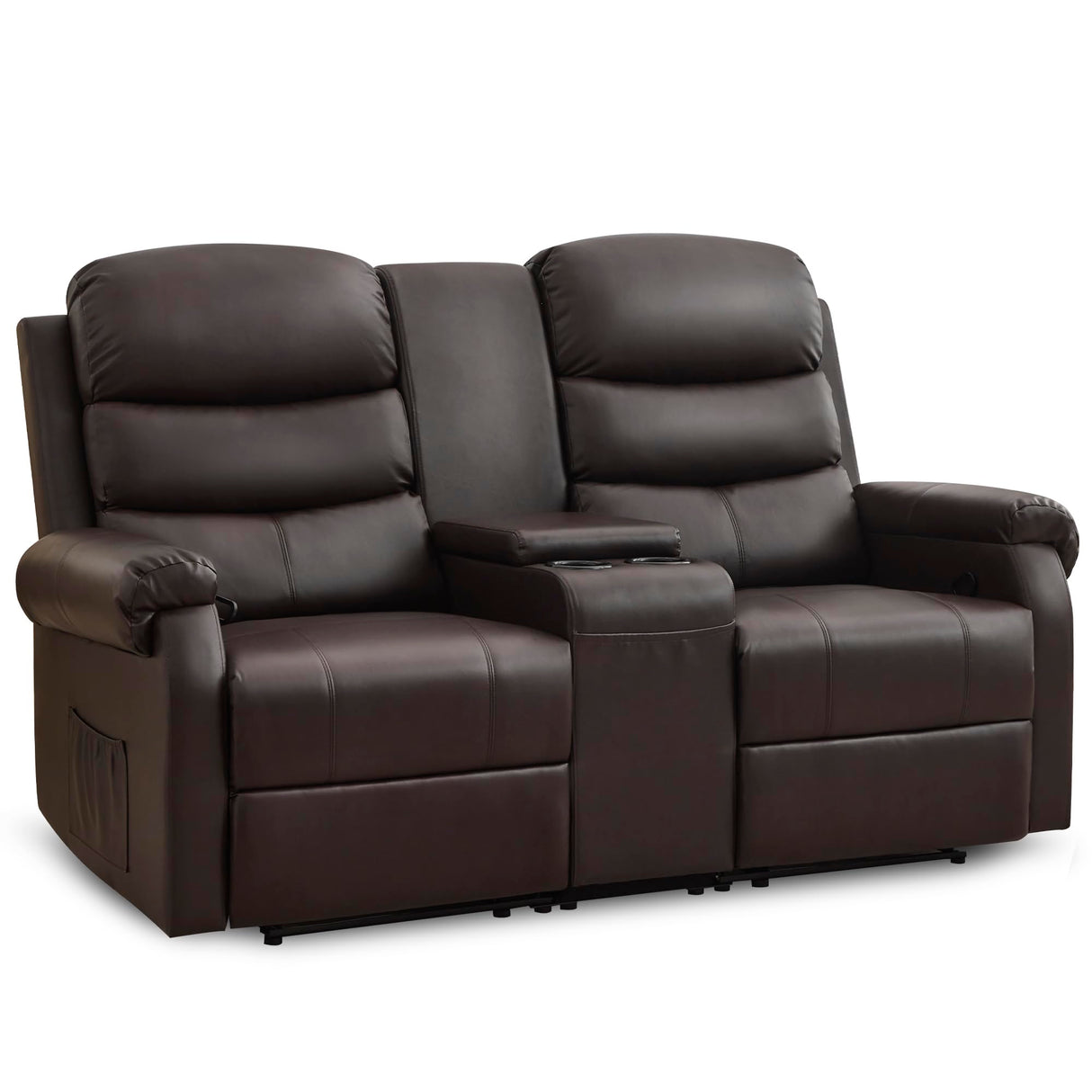 URRED Loveseat Recliner Sofa for Living Room, Oversized Manual Reclining Loveseat Sofa RV Couch with Console, Cup Holders, Lumbar Pillow, Hidden Storage, Faux Leather, Dark Brown URRED