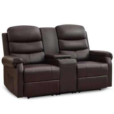 URRED Loveseat Recliner Sofa for Living Room, Oversized Manual Reclining Loveseat Sofa RV Couch with Console, Cup Holders, Lumbar Pillow, Hidden Storage, Faux Leather, Dark Brown