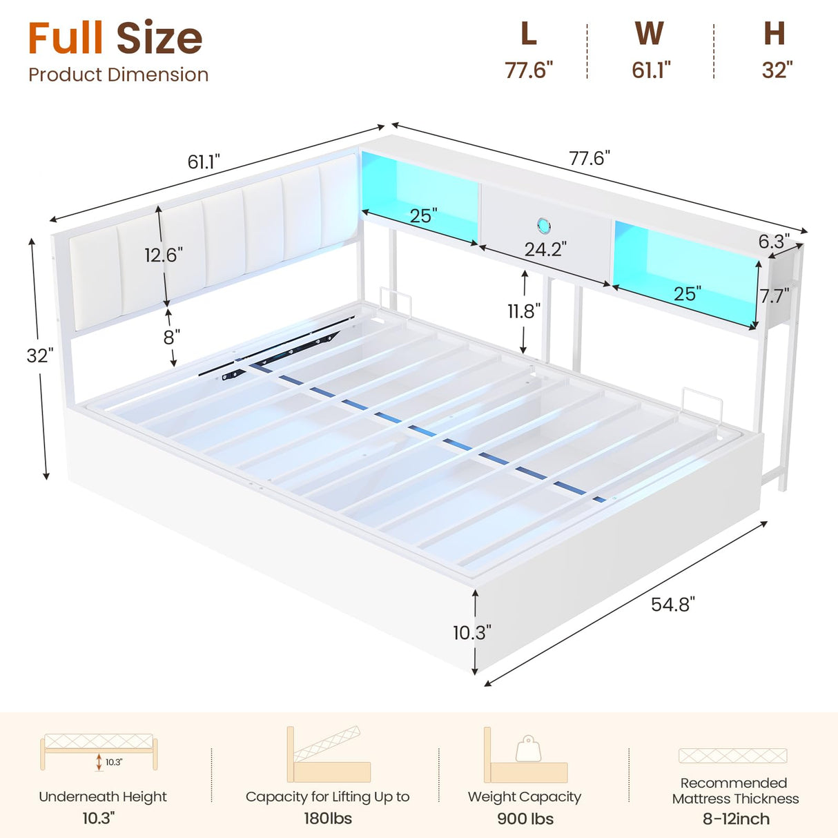 DICTAC Full Corner Bed Frame with Hydraulic Storage,Charging Station and Led Lights Metal Lift up Platform Storage Bed Frame with Upholstered Headboard,Full Size Daybed with Bookcase Guardrail,White DICTAC