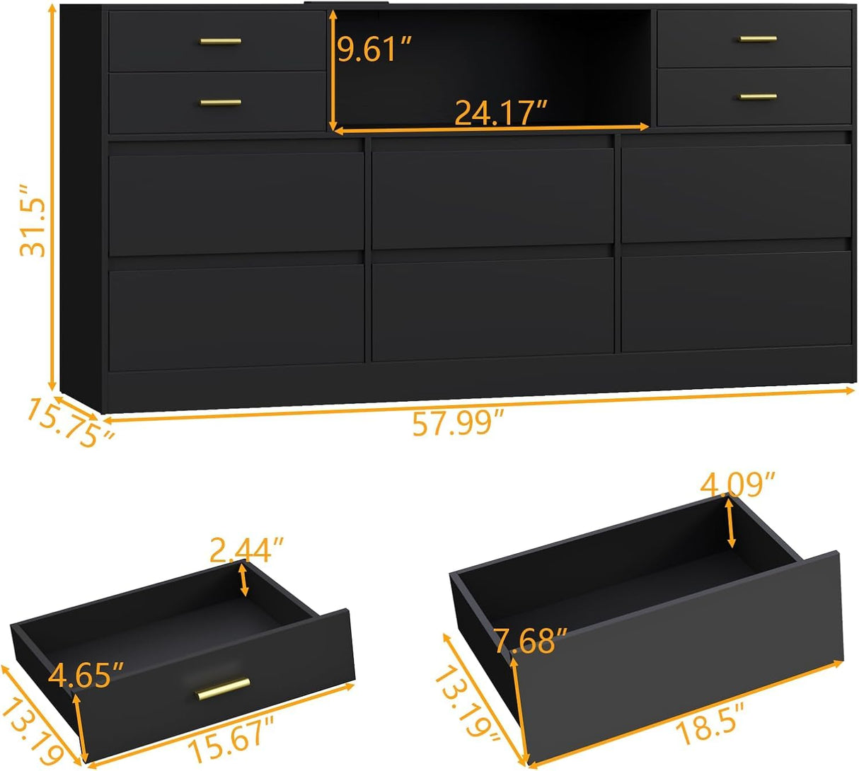 Loomie 10 Drawer Black Dresser with Charging Station & Led Lights for Bedroom, Long 58" Triple Wide Dresser TV Stand for TVs up to 65", Wide Chest of Drawer, Large Dressers Organizer with Open Cubby Loomie