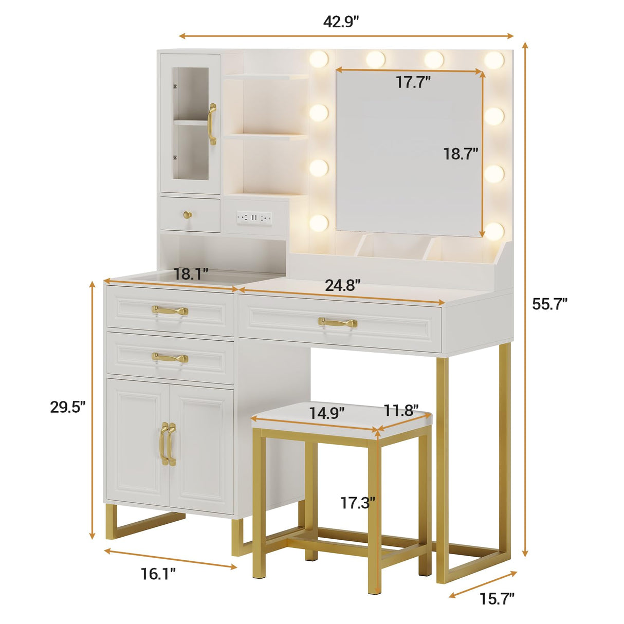 BTHFST Makeup Vanity Desk with Mirror and Lights & Charging Station & Makeup Stool, Vanity Table Set with Glass Top Storage Drawer & Beach & 3 Shelves for Bedroom (Modern White & Gold) BTHFST
