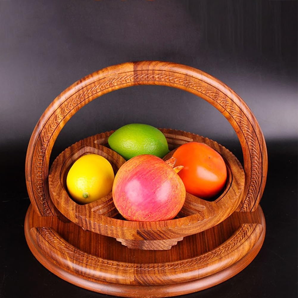 Handmade Wood Carving Fruit Plate - Foldable Fruit Basket, Nut Snack Tray, Divided Snack Serving Tray, Wooden Snackle Box Container for Candy, Fruit, Nuts WGMM
