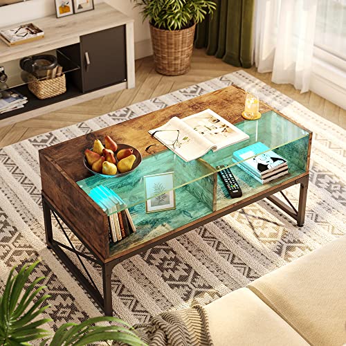 Bestier LED Coffee Tables for Living Room, 42 Inch Wood Center Table with Glass Top for Game Night. Rustic Brown Bestier