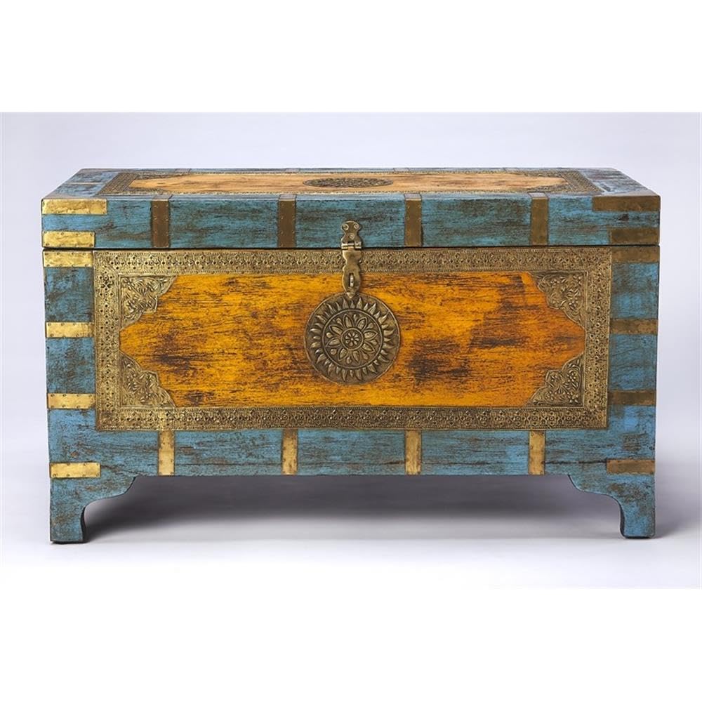 MAKLAINE 32" x 17" Traditional Wood Painted Brass Inlay Storage Trunk/Coffee Table with Hidden Storage, Brass Inlays & Hardware, Handcrafted, Handpainted, No Assembly Required, in Multi-Color Finish MAKLAINE
