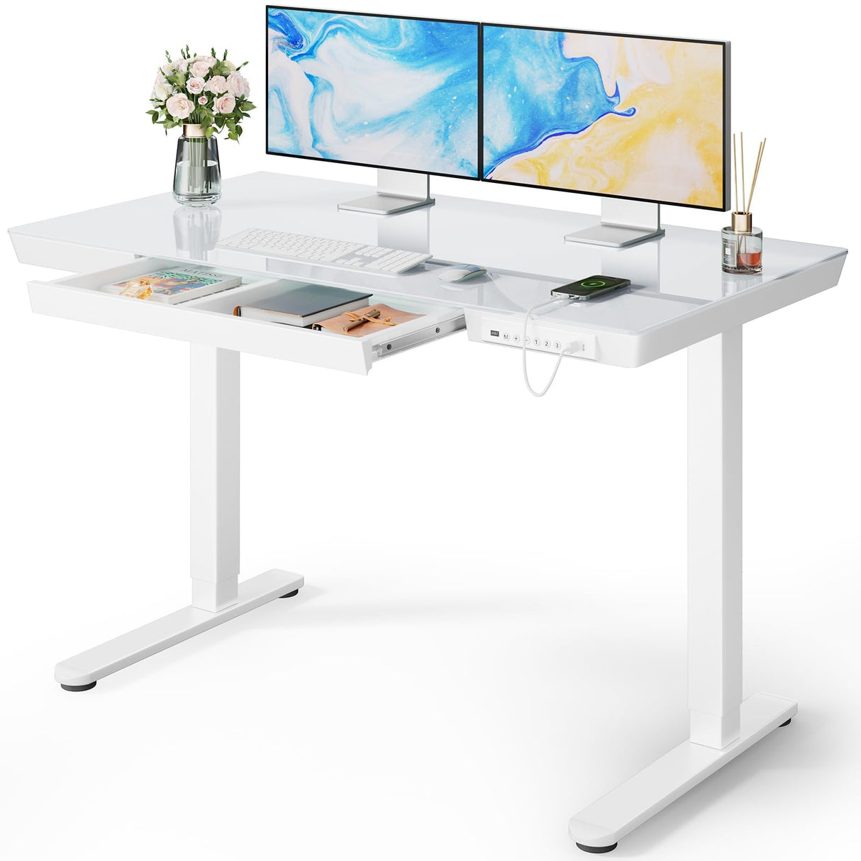 Marsail Glass Standing Desk with Drawer, 48 x 24 inch Electric Standing Desk, Height Adjustable Desk with One-Piece Tabletop & USB Charging Ports, Sit Stand Desk with Storage for Home & Office White Marsail