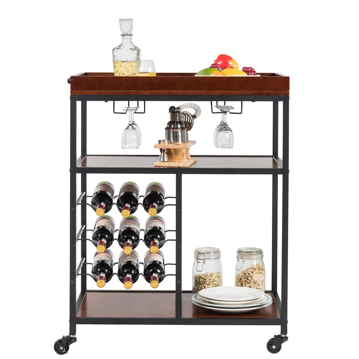 Giantex 3-Tier Kitchen Island Cart Rolling Trolley Industrial Style Serving Cart Utility Cart Wood Kitchen Stand with Glasses Holder and 9 Wine Bottles Rack Metal Frame and Castors (Rustic Brown) Giantex