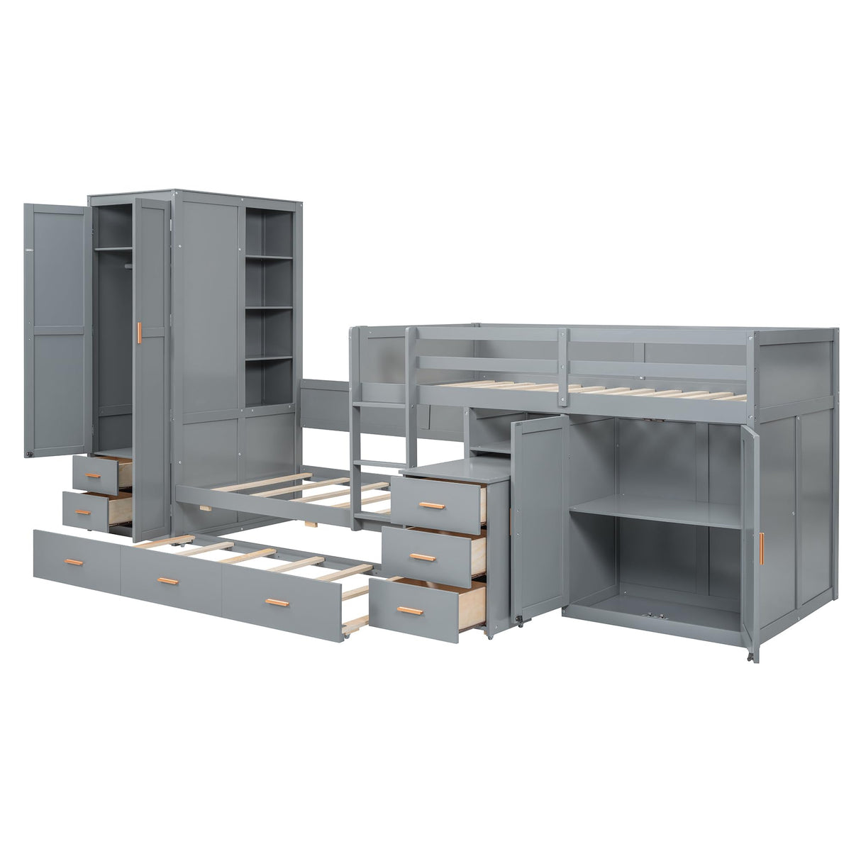 YOPTO Twin Size Bunk Bed with Trundle,Wardrobe,Desk,2 Cabinets and 5 Drawers,Multifunctional Wood Bed Frame W/Integrated Ladder,Safety Guardrails & Slats Support,Easy Assembly,for Kids,Teens,Gray YOPTO