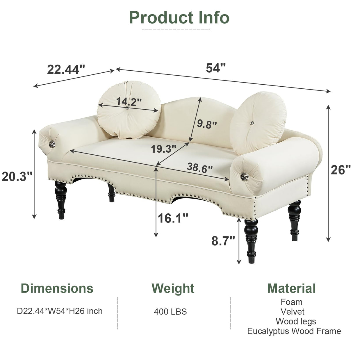 Vanress 54'' Loveseat Sofa,Small Couch for Living Room,Mid Century Modern Velvet Love Seats Sofa Settee with 2 Pillows and Solid Wood Legs,Upholstered 2-Seater Couch for Small Space,Bedroom,Beige Vanress