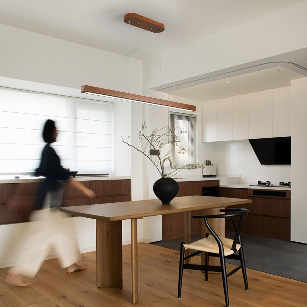 YISDESIGN 39" Wood Linear Pendant Light Modern LED Dimmable Ceiling Hanging Light Fixture Wood Linear Chandeliers 24w for Dining Room Kitchen Island Pool Table Bar Walnut Color (with Remote Control) YISDESIGN