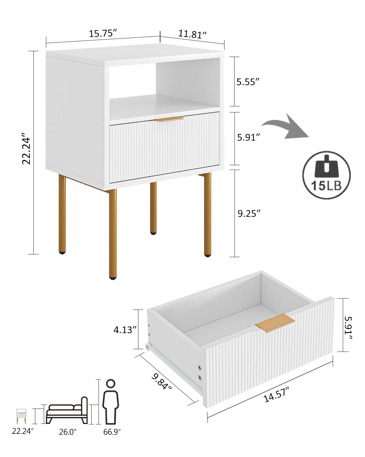 Masupu Nightstand,Mid-Century Modern Bedside Table with Storage Drawer and Open Wood Shelf,Small Gold Frame Side Table for Bedroom,Living Room,White Masupu