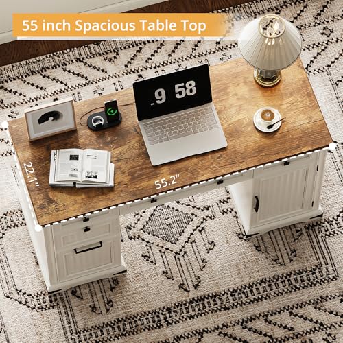 IRONCK 55'' Farmhouse Desk Home Office with Drawers, Wooden Computer Desk with Charging Station, File Drawers and Storage Cabinet, Executive Desk for Work, Study Writing, White IRONCK
