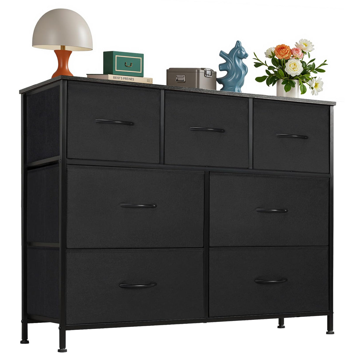 OLIXIS 7 Drawers Dresser for Bedroom, Fabric Storage Tower for Living Room, Entryway - Sturdy Steel Frame, Wooden Top & Easy Pull Fabric Bins, Closet Chests Organizer for Clothes, Black OLIXIS