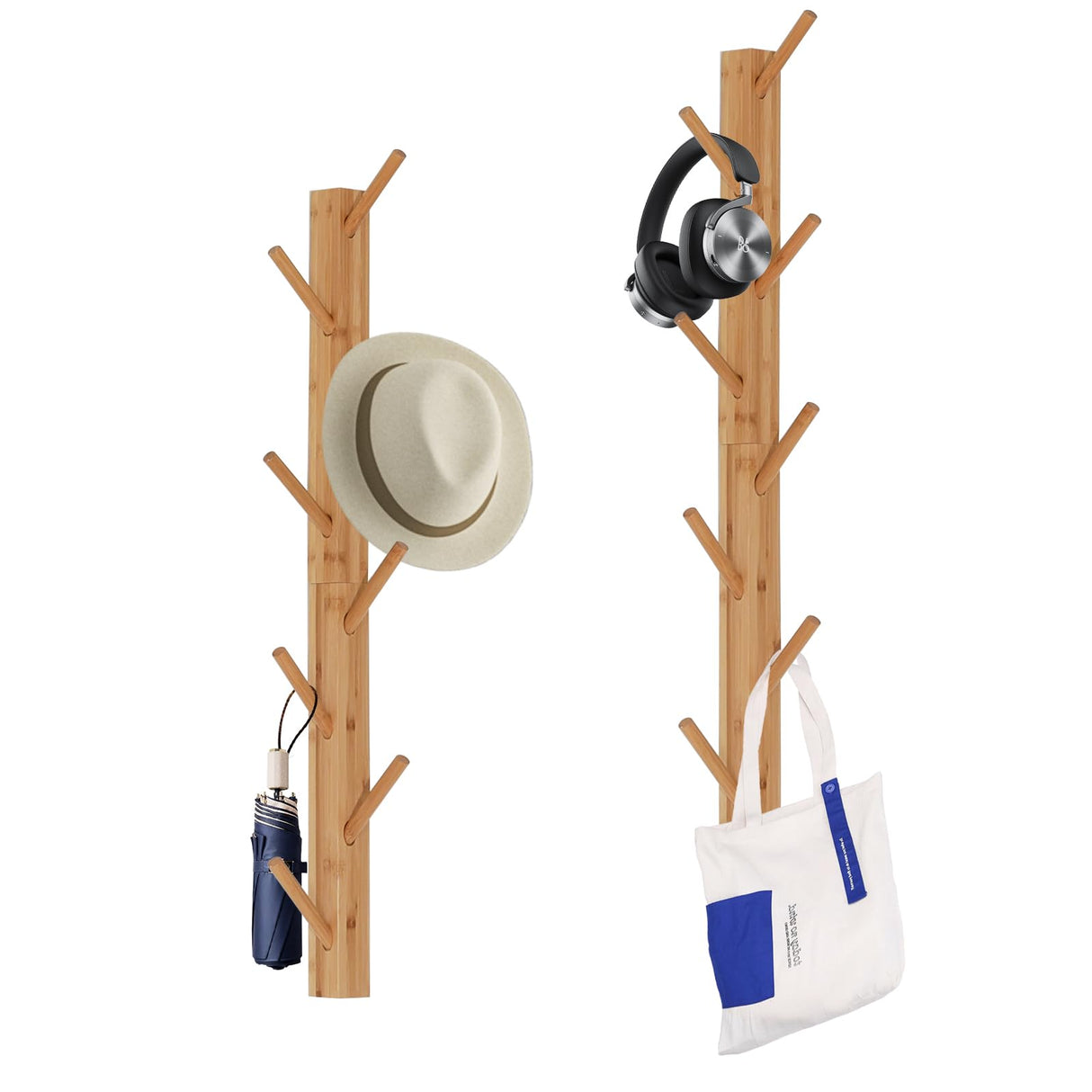 TIOPGHAD 2-Pack Wood-Wall-Mounted-Coat-Hooks, Bamboo Vertical Coats Rack Holder Hanger with 8 Hooks Entryway Hanging Wooden Racks for Hanging Jacket Coat Hat in Entryway Office Bathroom(Natural) TIOPGHAD