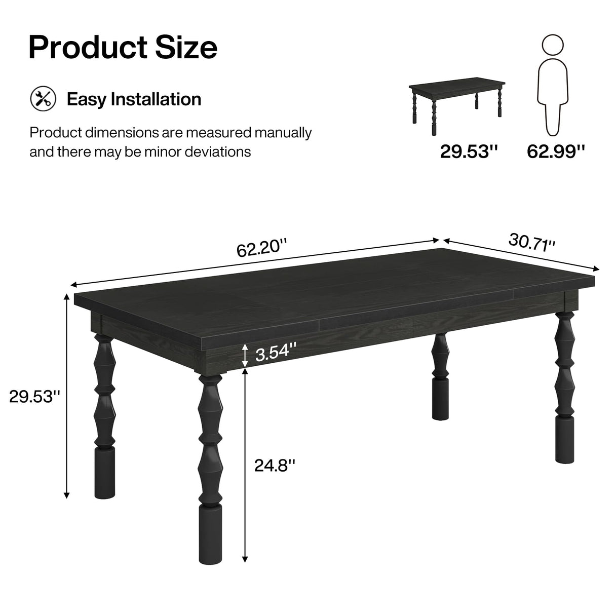 Tribesigns Wood Black Dining Table for 4-6 People, 62” Farmhouse Large Rectangle Kitchen Table, Modern Dinner Table Kitchen & Dining Room Furniture with Carved Turned Legs Tribesigns