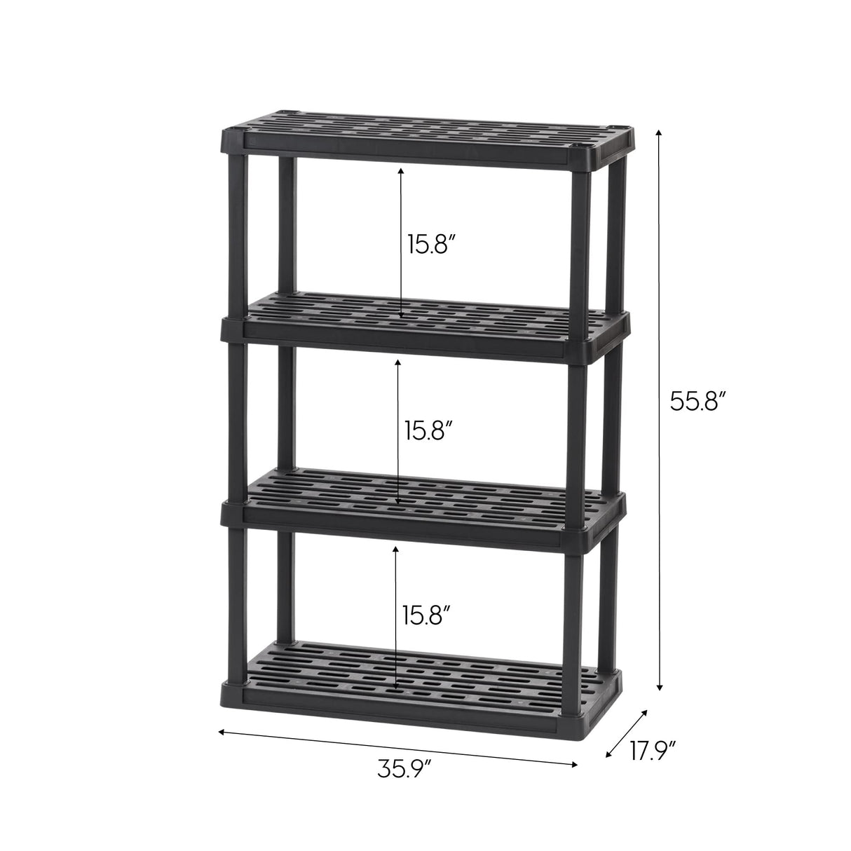 IRIS USA 4-Tier Heavy Duty Plastic Shelving Unit, 56" Tall - 100lbs per Shelf, Modular Garage Rack Storage Organizer for Home, Basement, Laundry & Utility Room, 18"D x 36"W x 56"H - Black IRIS