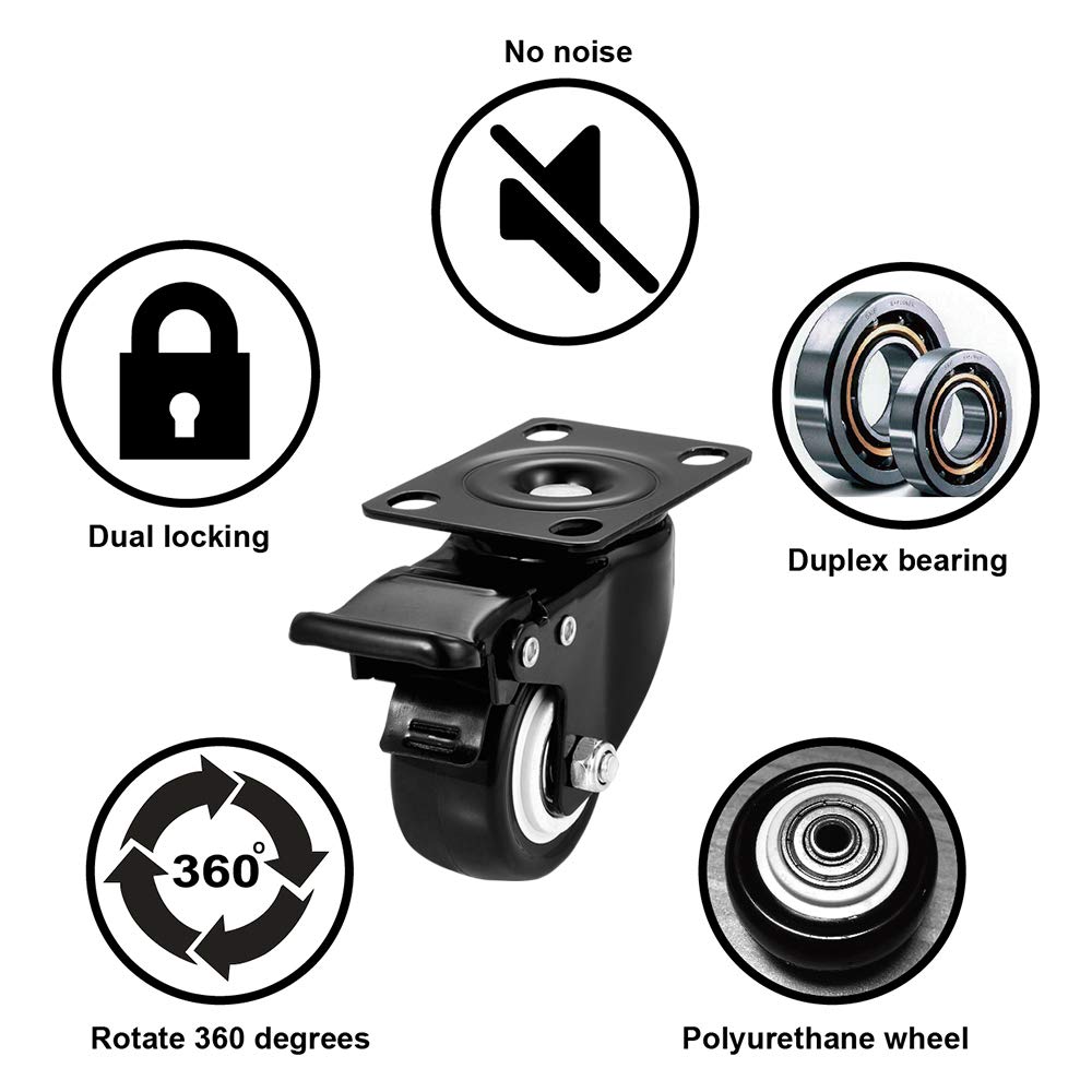Caster Wheels, 2 inch Casters, Casters Set of 4 Heavy Duty - CLOATFET Locking Casters, Swivel Casters with Brake (Top Plate), Non Marking Black Castor Wheels for Cart Furniture Workbench CLOATFET