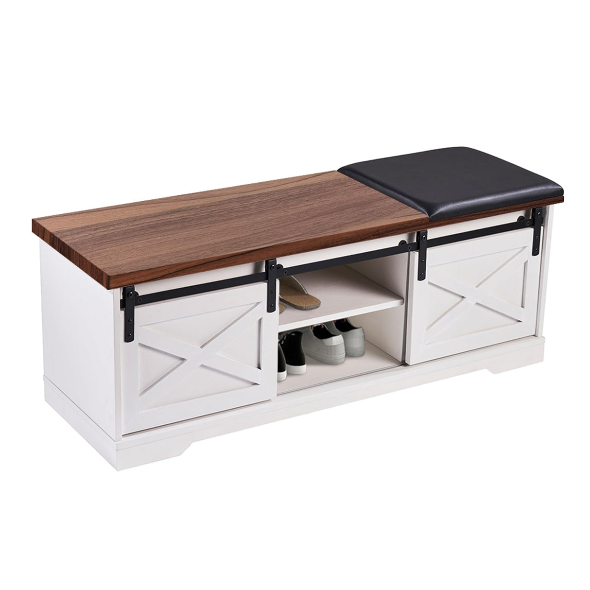 IDEALHOUSE 47'' Farmhouse Shoe Storage Bench with Padded Seat Cushion, End of Bed Entryway Bench with 2 Barn Doors, Adjustable Shelf for Entryway, Living Room, Bedroom White IDEALHOUSE