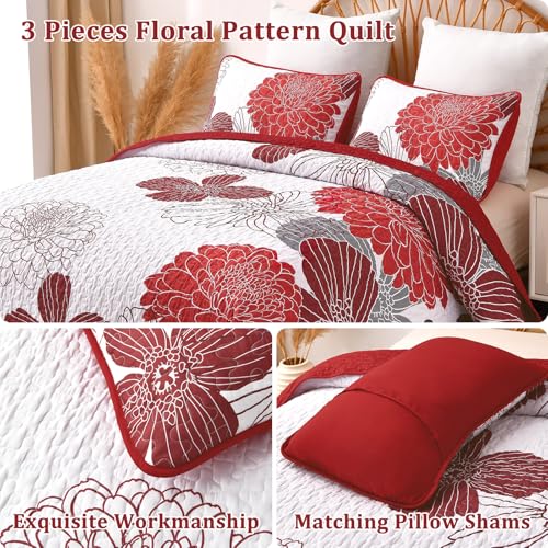 King Quilt Sets Red Floral Pattern Quilt Bedding Set, 3 Pieces Botanical Quilt Soft Microfiber Bedspread Coverlet Set, Boho Bed Cover Bedding Set for All Season(104" x 90) Anibedding