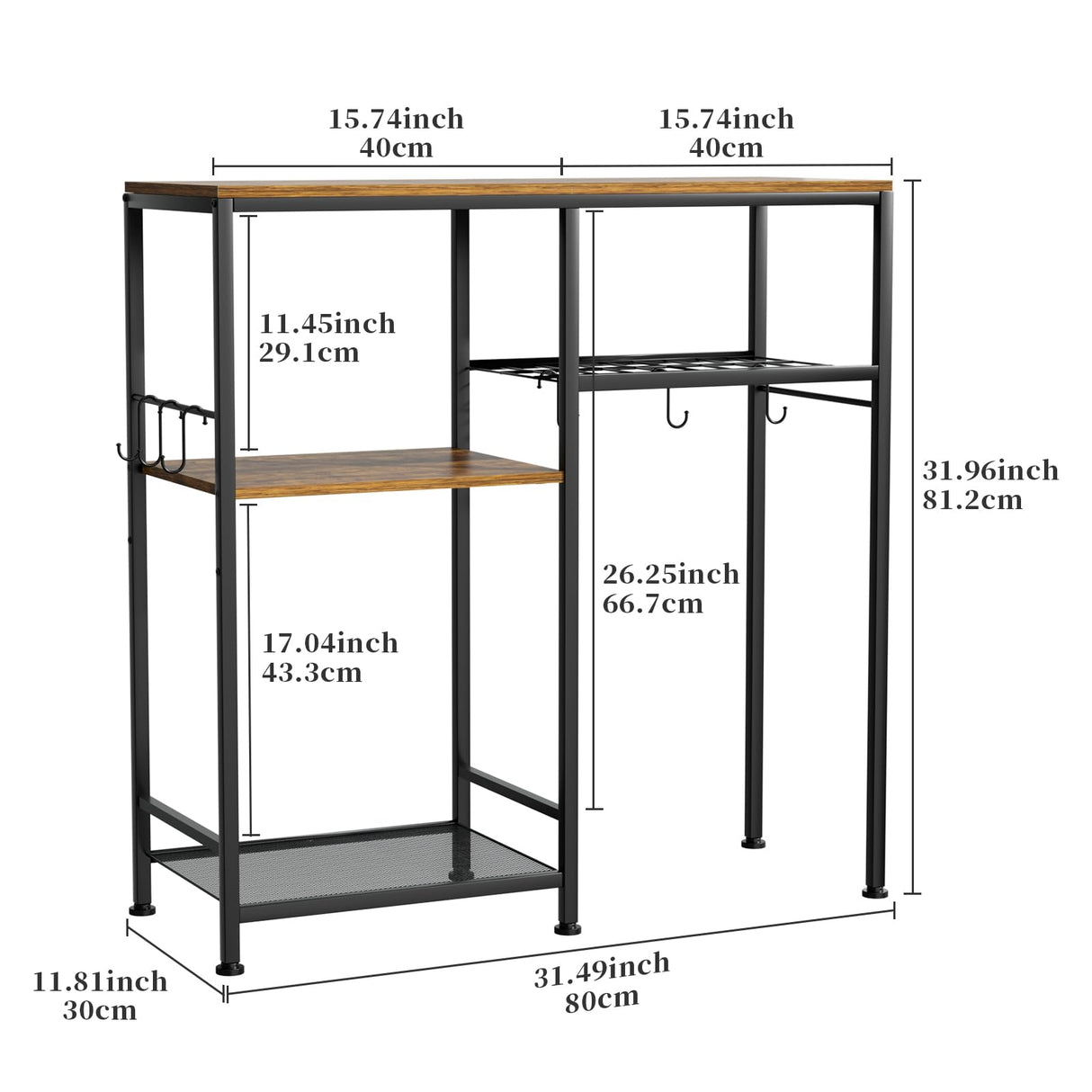 Consumest Bakers Rack with Storage - Microwave Stand and Coffee Bar Cabinet, Multifunctional Pan Organizer with 6 Hooks and 2 Shelves, Microwave Cart for Kitchen, Living Room, Brown&Black Consumest