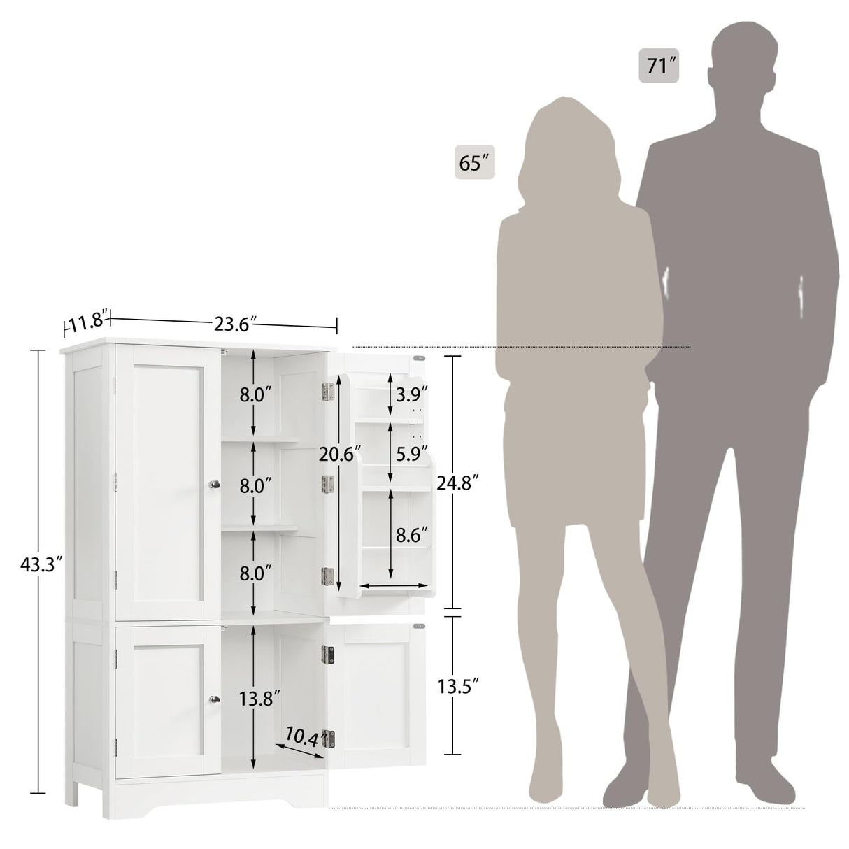 TEENFON 43'H Pantry Cabinet with 4 Doors, Kitchen Cabinet with 6 Door Shelves, Kitchen Pantry for Living Room, Dining Room, Bathroom, White TEENFON