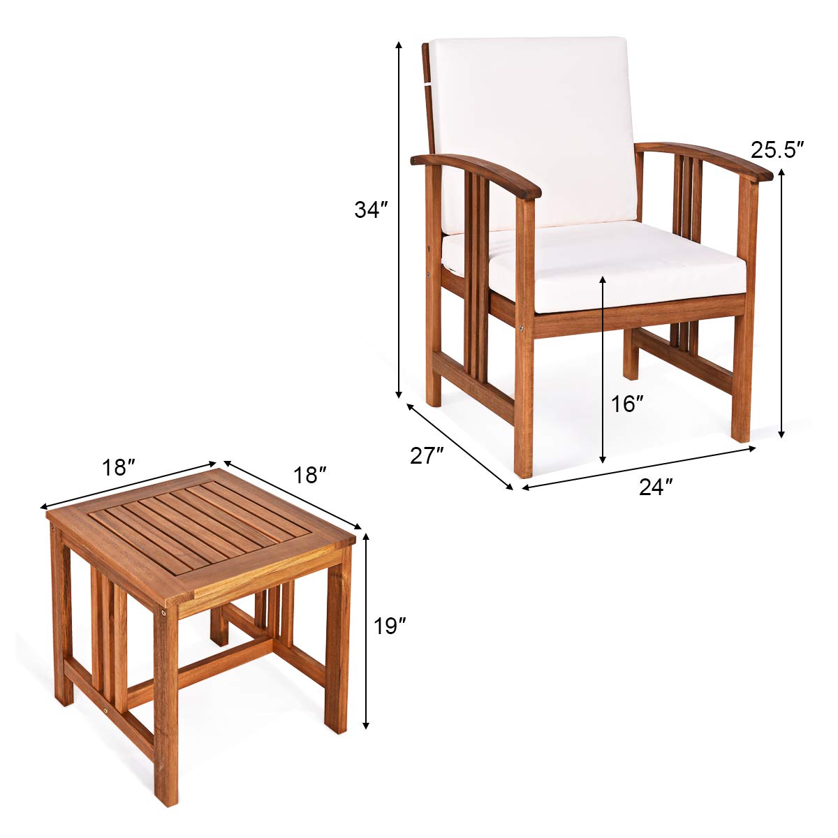 Tangkula 3 Pieces Patio Furniture Set, Includes Set of 2 Outdoor Acacia Wood Cushioned Chairs and Coffee Table, for Garden, Backyard, Poolside, Bistro and Deck, Patio Conversation Chat Set (White) Tangkula