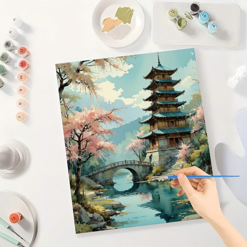 Cherry Blossom Pagoda Paint by Numbers Kit for Adults - DIY Chinese Garden and Bridge Scene Painting on Canvas 16x20 Inches, Acrylic Paint Set, Suitable for Beginners, Oriental Art for Home Decoration TAOPAOLAB