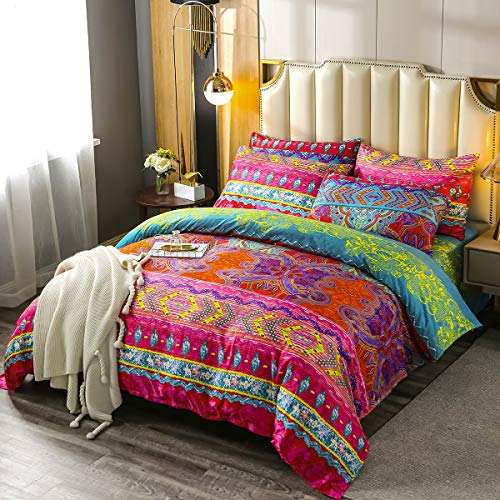 Erosebridal Bohemian Duvet Cover Sets 3 Pieces Exotic Style Bedding Coverset Boho Bedding Set Fade Resistant Bedspread Set Printing Microfiber Comforter Cover Pattern 1 Full Size Erosebridal