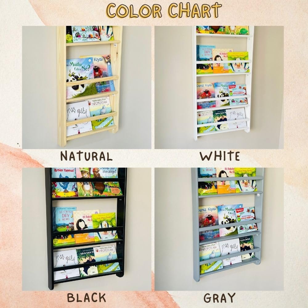 Handmade Solid Wood Montessori Wall-Mounted Bookshelf for Kids - 4 Tier Natural Pine Organiser Furpinea