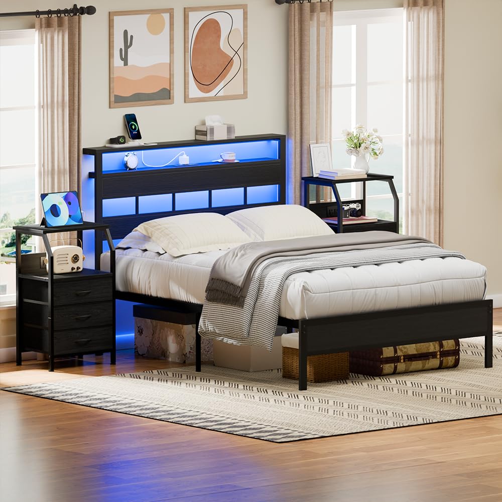 Furnulem Queen Bed Frame with Storage Headboard and LED Lights, Metal Bedframe with Charging Station and USB Port, Queen Size Platform Bed with Heavy Duty Slats, No Box Spring Needed, Black Oak Furnulem