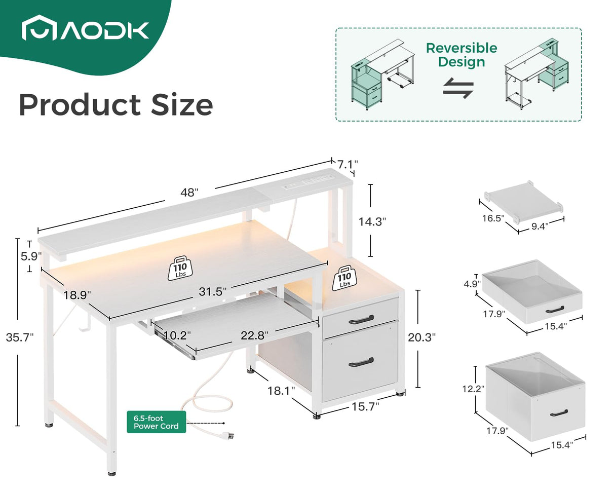 AODK 48" Computer Desk with Fabric File Cabinet and Drawer, Reversible Office Desk with Power Outlet and LED Light, Study Desk with Printer Stand, Keyboard Tray, Full Monitor Riser and PC Stand, White AODK