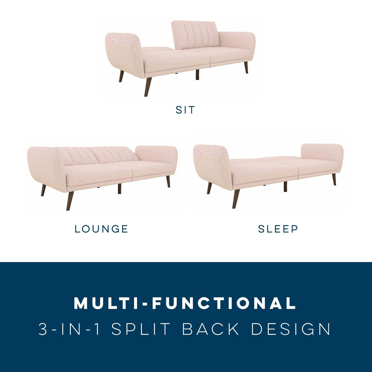 Novogratz Brittany 82 Inch Futon Sofa Bed in Faux Leather, Upholstered Couch Sleeper with Tufted Back, Mid-Century Modern Design, Pink Novogratz