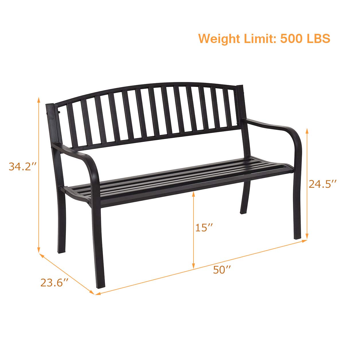 Giantex Outdoor Bench, 50” Patio Garden Bench with Steel Frame, Slat Design, 500 Lbs Weight Capacity, Patio Seating Bench for Porch, Backyard, Poolside, Outside Decor Furniture, Park Loveseat, Black Giantex