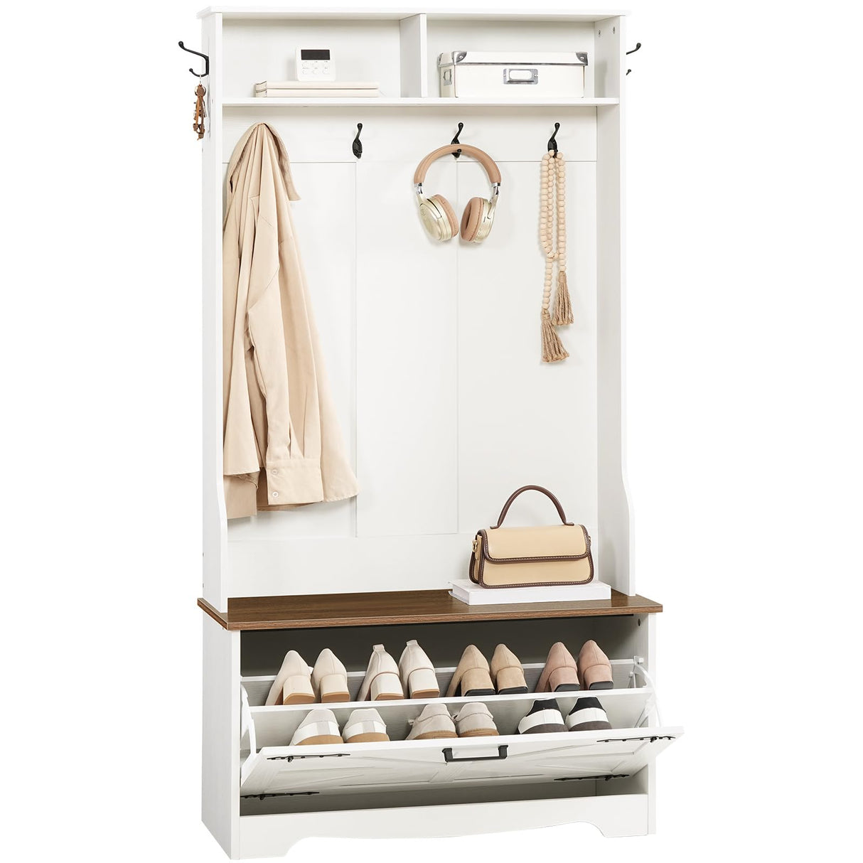 HOOBRO Hall Tree with Bench, Entryway Bench with Coat Rack and Shoe Cabinet, Flip Drawers, Farmhouse Hall Tree with Shoe Organizer, Mud Room, White and Walnut WH85MT01 HOOBRO
