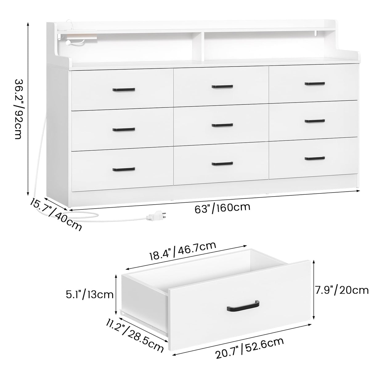 Bigbiglife 9 Drawer Dresser with Built in Power Outlet and LED Light, Modern Chest of Drawers for Bedroom, Triple Wide Drawer Organizer Cabinet for Living Room, Entryway, Hallway, Antique White Bigbiglife