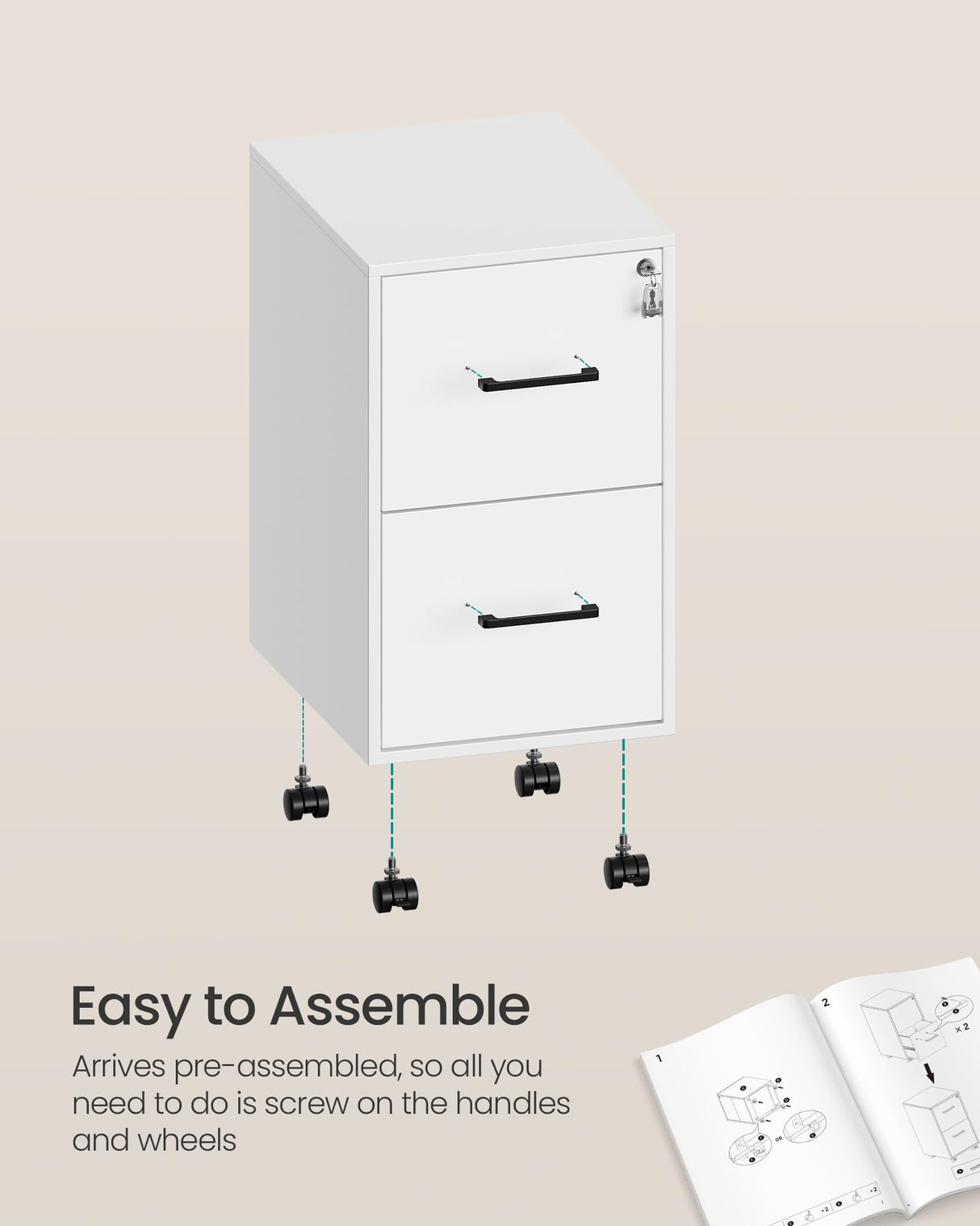 SONGMICS File Cabinet, Pre-Assembled Except Wheels and Handles, Office Filing Cabinet with Lock, for A4, Legal, Letter Sized Documents, 17.7 x 14.4 x 25.4 Inches, Matte White UOFC112W01 SONGMICS