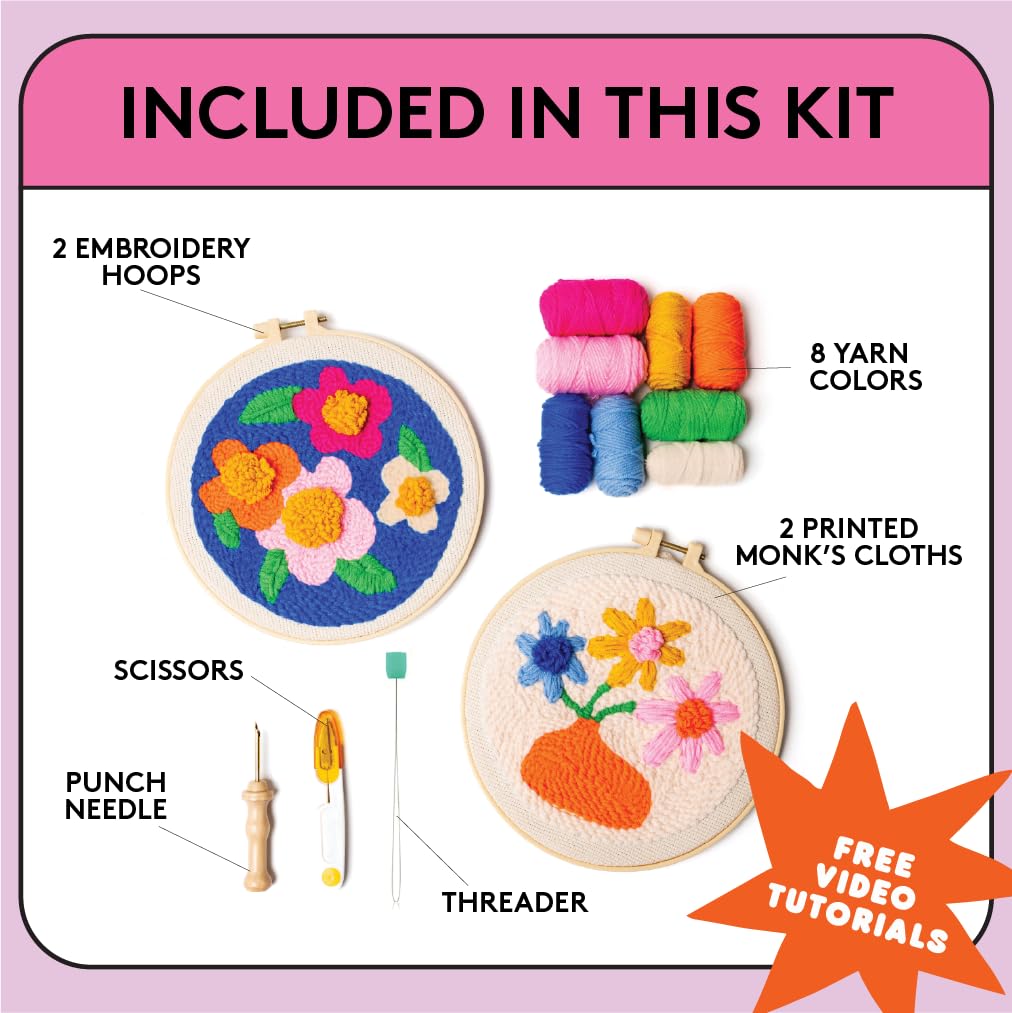 SPINNY Punch Needle Kit, Two Large Floral Designs w/ 2 Embroidery Hoops, Includes Beginner Video Tutorials and Instructions, Beginner Punch Stitch for Adults, Complete Kit for Crafters SPINNY