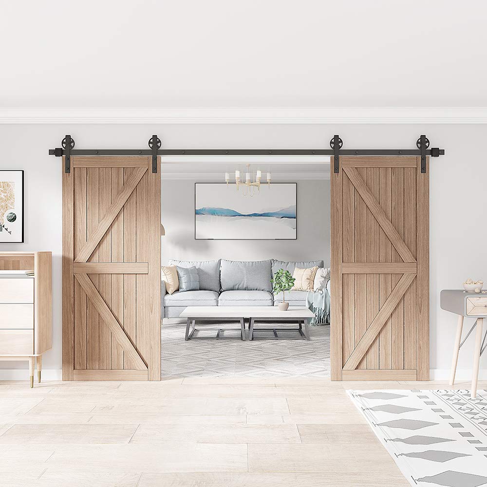 WINSOON 12FT Wood Double Sliding Barn Door Hardware Basic Black Big Spoke Wheel Roller Kit,5-18FT for Choose WINSOON