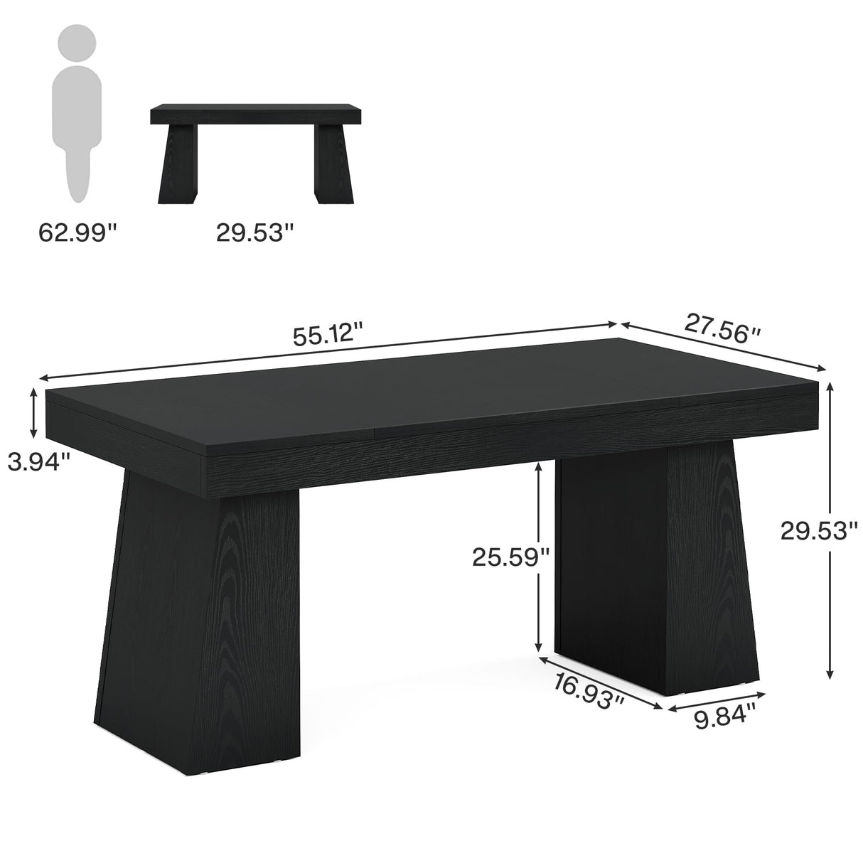 Tribesigns 55 Inches Executive Desk, Mid-Century Modern Home Office Desk with Double Trapezoid Base, Wood Computer Desk Business Workstation Desk Small Conference Table, Black Tribesigns