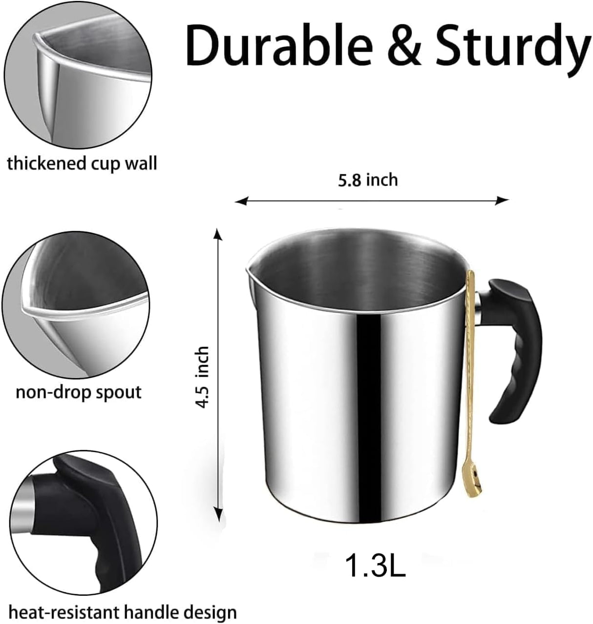 Candle Making Pouring Pot, Stainless Steel Wax Melting Pot with Heat-Resistant Handle, Double Boiler Candle Making Pitcher with Dripless Pouring Spout Design Harnico