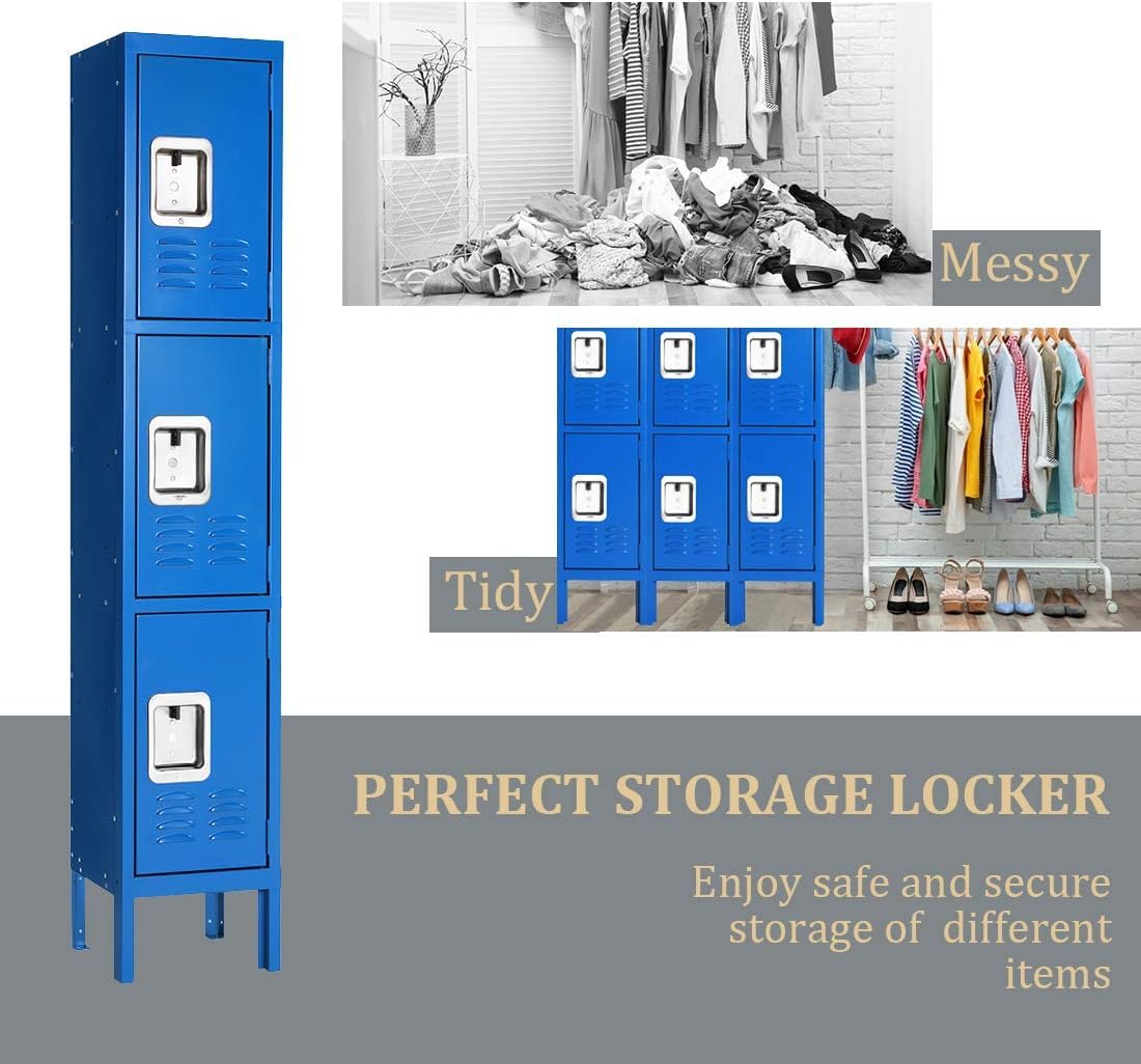 Greenvelly Metal Locker with 3 Doors, Tall Steel Storage Locker Cabinet for Employees, gym locker Storage Cabinets with lock and adjustable shelves for School, Home, Office, Garage (Black) Greenvelly