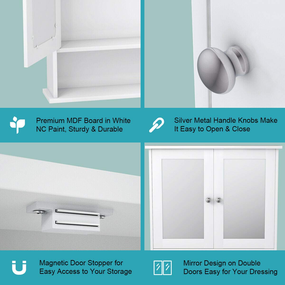 Tangkula Bathroom Cabinet, Wall Mount Storage Cabinet with Double Mirror Doors, Wood Medicine Cabinet(White) Tangkula