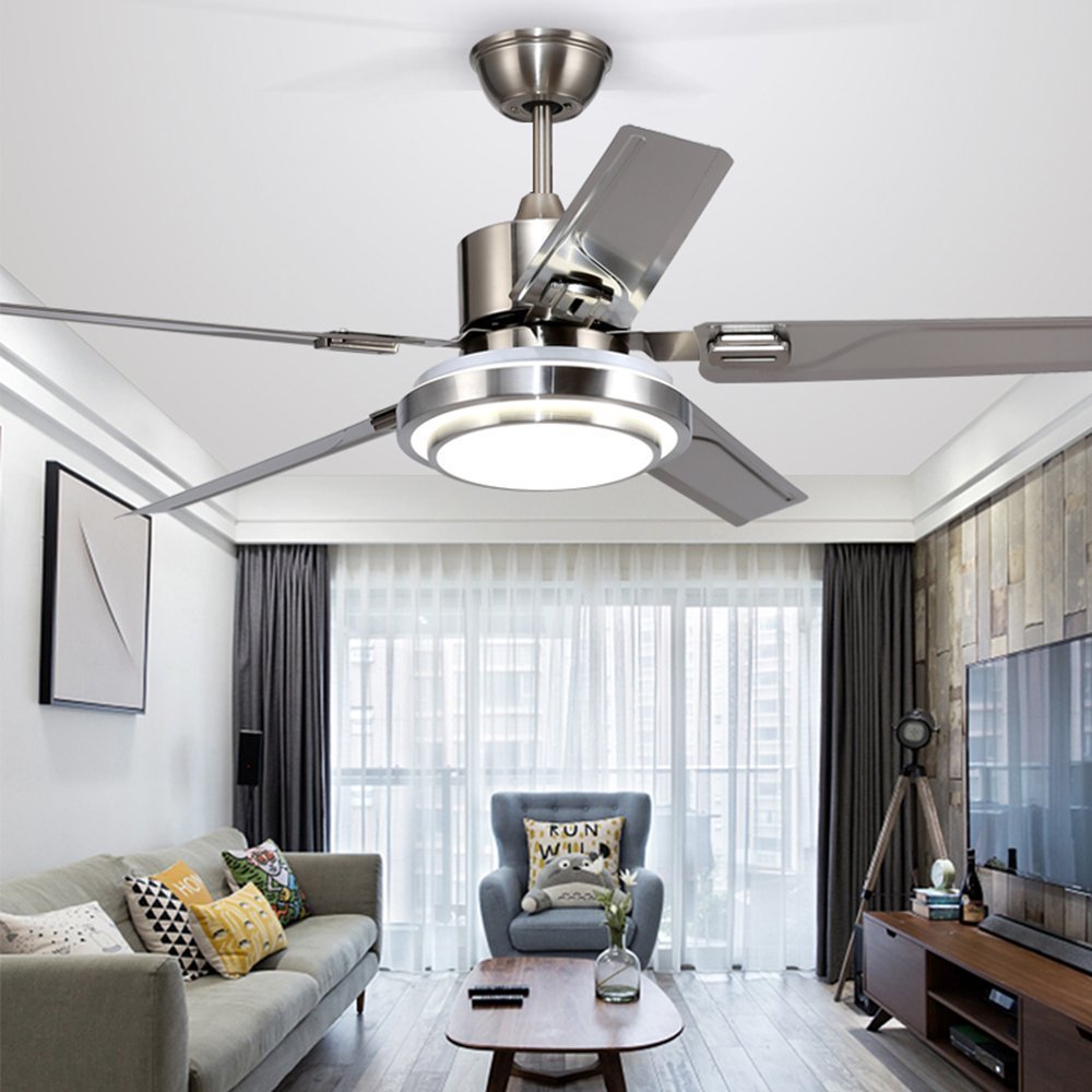 Fandian 48" Modern Ceiling Fans with Lights Remote Control Reversible Fan, Stainless Steel Blades, 3 speeds and 3 Color Changes Lighting Fixture with LED Board for Bedroom Living Room Fandian