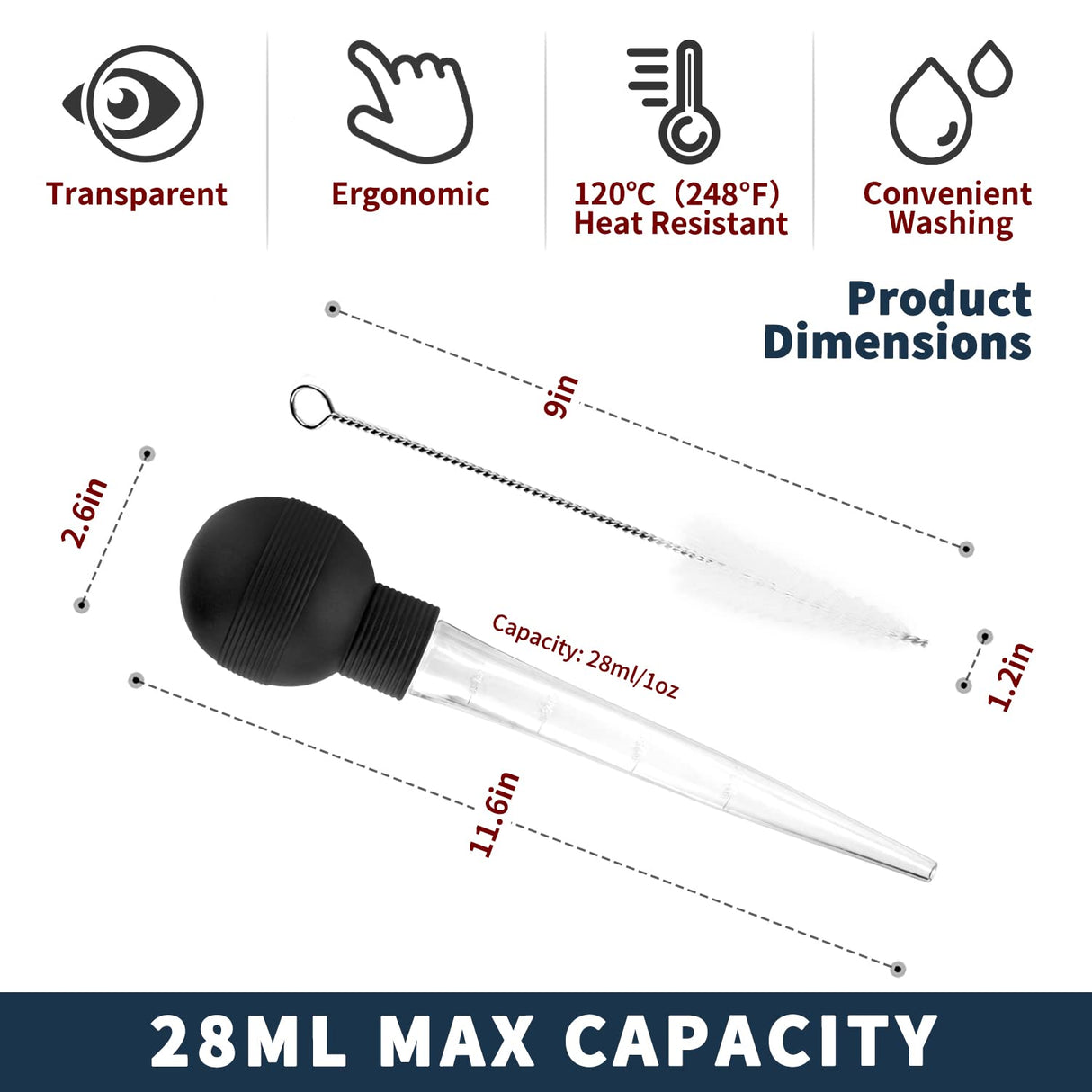 Kendane Turkey Baster With Cleaning Brush, Baster Syringe for Home Baking and Roaster Turkey, Include Detachable Food Grade Bulb with Double Scales for BBQ Grill Baking Kitchen Cooking Kendane