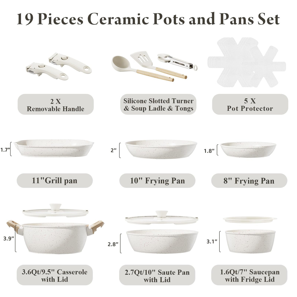 Bazova 19 Pcs Pots and Pans Set Non Stick Ceramic Cookware Set with Removable Handles, Non Toxic Induction Kitchen Cookware Sets RV Cookware,Dishwasher/Oven Safe PFAS/PTFE/PFOA Free Cream White bazova