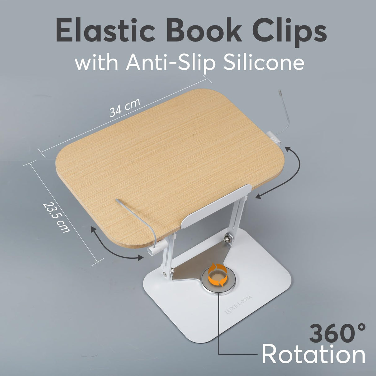 Book Stand for Reading - Adjustable Recipe Book Holder Stand with 360° Swivel Base, Aluminum & Wood Stand for Kitchen, Hands-Free, Foldable Cook Book Stand for Desk,Tablets, Laptop, Textbook LuxeLoom