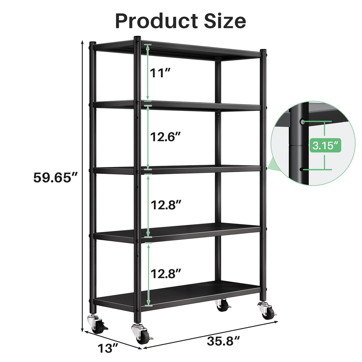 Metal Shelving for Storage, 5 Tier Adjustable Kitchen Storage Shelves with Wheels, Shelving Unit Bookshelf Utility Shelf Metal Storage Rack for Garage Pantry Closet Laundry, 35.8"x13"x59.65" PXRACK